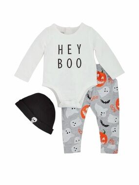 Mud Pie Hey Boo Halloween Outfit Set Bodysuit Pants Hat 6–9M NWT